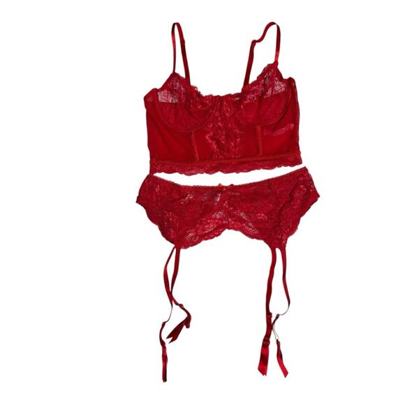 PrettyLittleThing Red Lace Lingerie Corset Top and Garter Belt Set Womens L XL - Picture 1 of 9